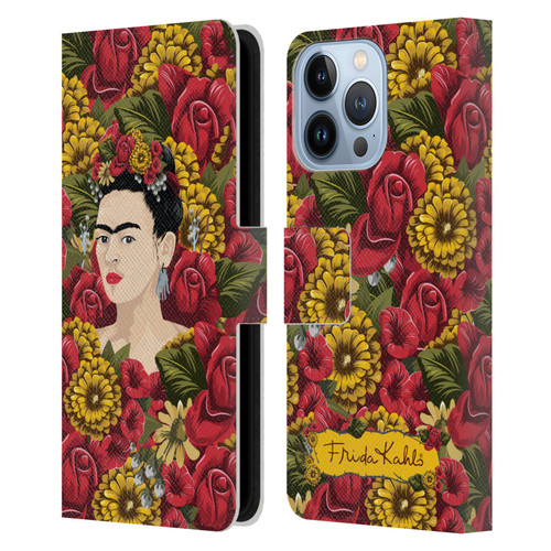 Frida Kahlo Red Florals Portrait Pattern Leather Book Wallet Case Cover For Apple iPhone 13 Pro
