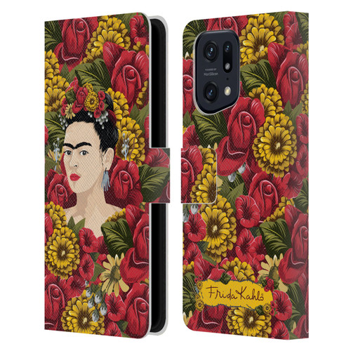 Frida Kahlo Red Florals Portrait Pattern Leather Book Wallet Case Cover For OPPO Find X5 Pro