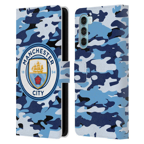 Manchester City Man City FC Badge Camou Blue Moon Leather Book Wallet Case Cover For Motorola Edge S30 / Moto G200 5G