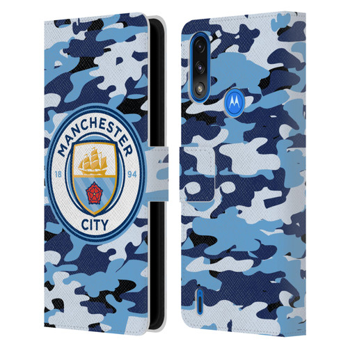 Manchester City Man City FC Badge Camou Blue Moon Leather Book Wallet Case Cover For Motorola Moto E7 Power / Moto E7i Power