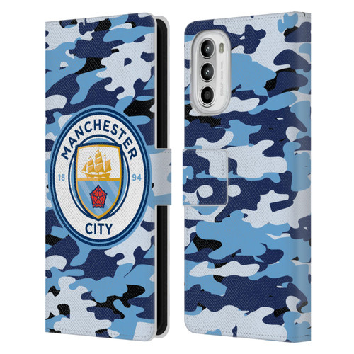 Manchester City Man City FC Badge Camou Blue Moon Leather Book Wallet Case Cover For Motorola Moto G52