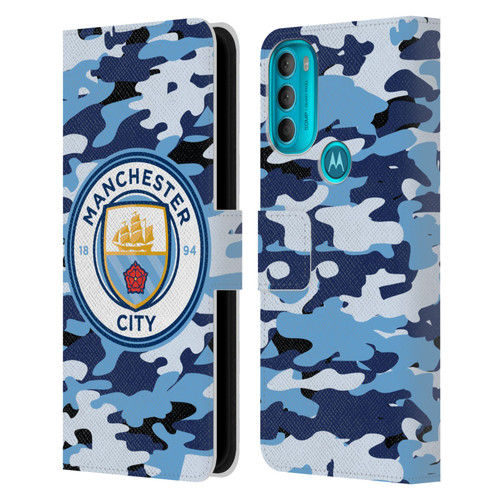 Manchester City Man City FC Badge Camou Blue Moon Leather Book Wallet Case Cover For Motorola Moto G71 5G