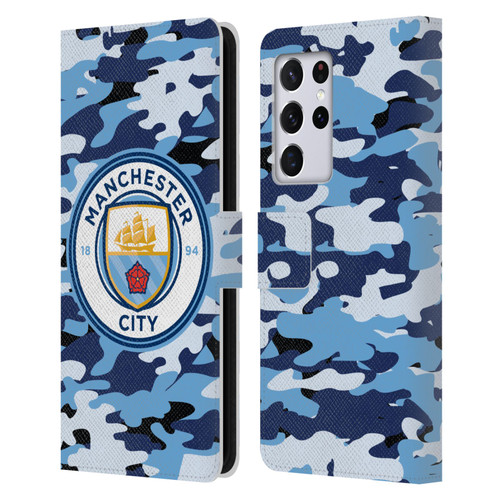 Manchester City Man City FC Badge Camou Blue Moon Leather Book Wallet Case Cover For Samsung Galaxy S21 Ultra 5G