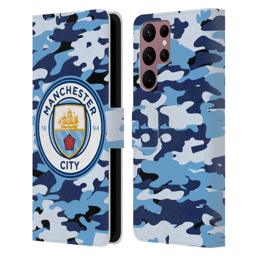 Manchester City Man City FC Badge Camou Blue Moon Leather Book Wallet Case Cover For Samsung Galaxy S22 Ultra 5G
