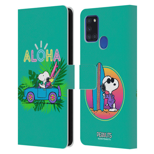 Peanuts Snoopy Aloha Disco Tropical Surf Leather Book Wallet Case Cover For Samsung Galaxy A21s (2020)