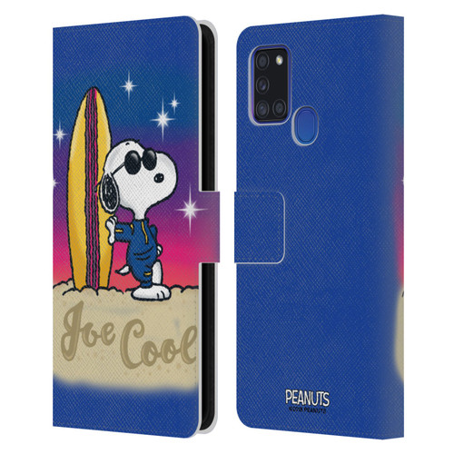 Peanuts Snoopy Boardwalk Airbrush Joe Cool Surf Leather Book Wallet Case Cover For Samsung Galaxy A21s (2020)
