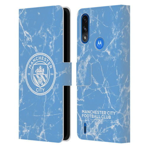 Manchester City Man City FC Marble Badge Blue White Mono Leather Book Wallet Case Cover For Motorola Moto E7 Power / Moto E7i Power