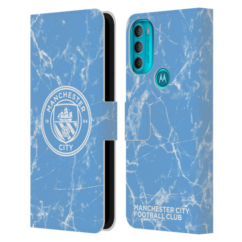 Manchester City Man City FC Marble Badge Blue White Mono Leather Book Wallet Case Cover For Motorola Moto G71 5G
