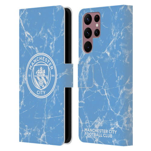Manchester City Man City FC Marble Badge Blue White Mono Leather Book Wallet Case Cover For Samsung Galaxy S22 Ultra 5G