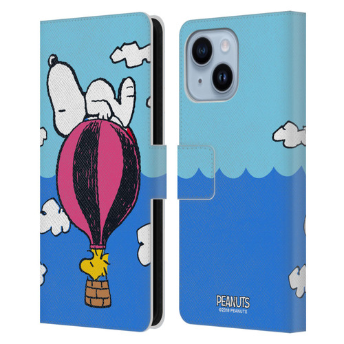 Peanuts Halfs And Laughs Snoopy & Woodstock Balloon Leather Book Wallet Case Cover For Apple iPhone 14 Plus