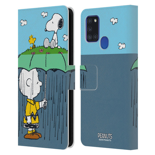 Peanuts Halfs And Laughs Charlie, Snoppy & Woodstock Leather Book Wallet Case Cover For Samsung Galaxy A21s (2020)