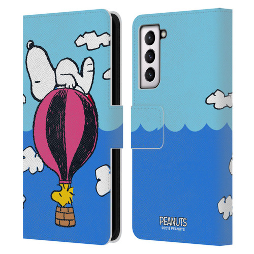 Peanuts Halfs And Laughs Snoopy & Woodstock Balloon Leather Book Wallet Case Cover For Samsung Galaxy S21 FE 5G