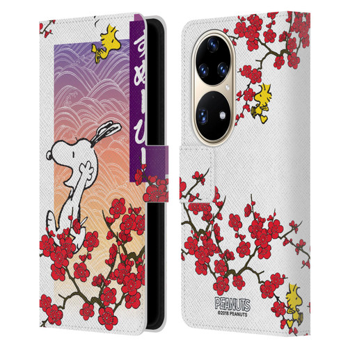 Peanuts Oriental Snoopy Cherry Blossoms 2 Leather Book Wallet Case Cover For Huawei P50 Pro