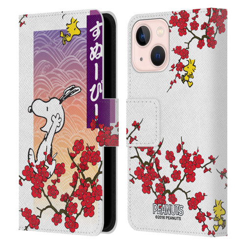 Peanuts Oriental Snoopy Cherry Blossoms 2 Leather Book Wallet Case Cover For Apple iPhone 13 Mini