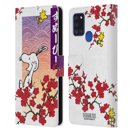 Peanuts Oriental Snoopy Cherry Blossoms 2 Leather Book Wallet Case Cover For Samsung Galaxy A21s (2020)