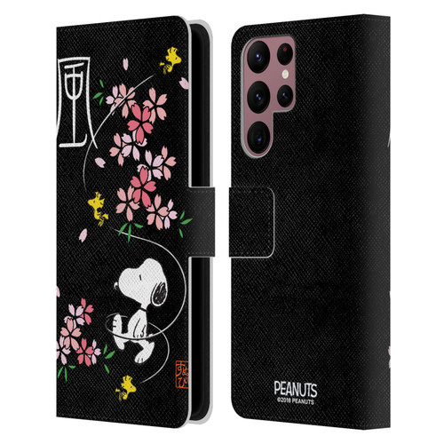 Peanuts Oriental Snoopy Cherry Blossoms Leather Book Wallet Case Cover For Samsung Galaxy S22 Ultra 5G