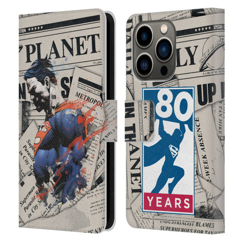 Superman DC Comics 80th Anniversary Newspaper Leather Book Wallet Case Cover For Apple iPhone 14 Pro