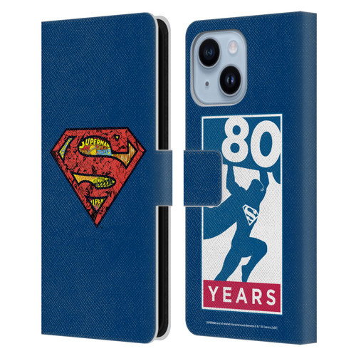 Superman DC Comics 80th Anniversary Logo Leather Book Wallet Case Cover For Apple iPhone 14 Plus