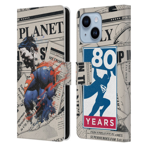 Superman DC Comics 80th Anniversary Newspaper Leather Book Wallet Case Cover For Apple iPhone 14 Plus