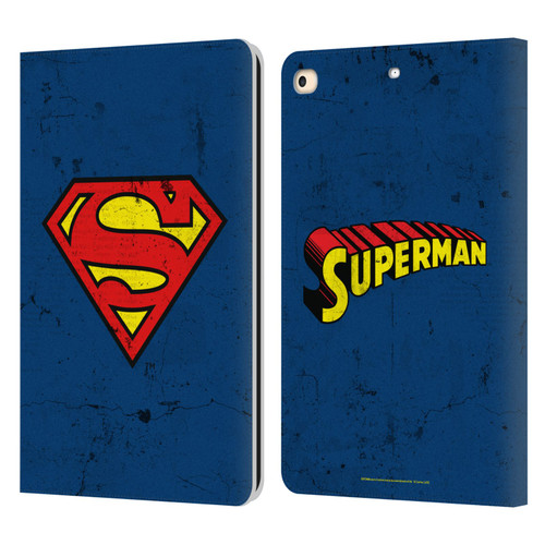 Superman DC Comics Logos Distressed Leather Book Wallet Case Cover For Apple iPad 9.7 2017 / iPad 9.7 2018