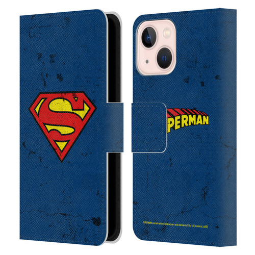 Superman DC Comics Logos Distressed Leather Book Wallet Case Cover For Apple iPhone 13 Mini