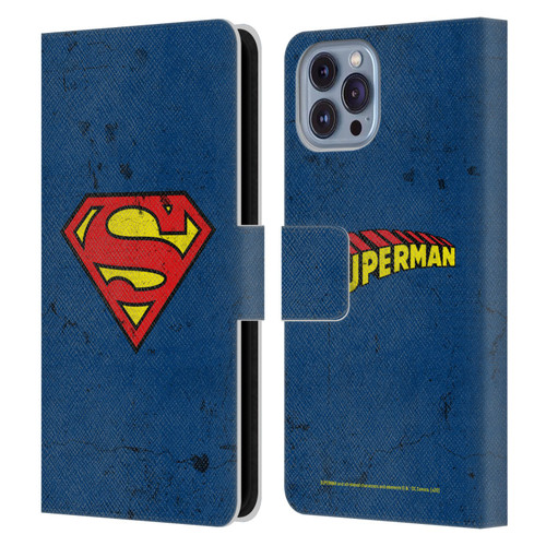 Superman DC Comics Logos Distressed Leather Book Wallet Case Cover For Apple iPhone 14