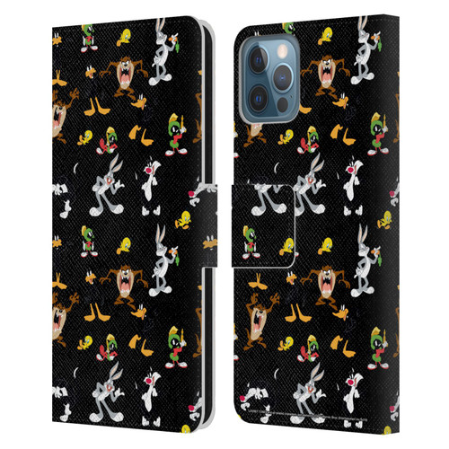 Looney Tunes Patterns Black Leather Book Wallet Case Cover For Apple iPhone 12 / iPhone 12 Pro