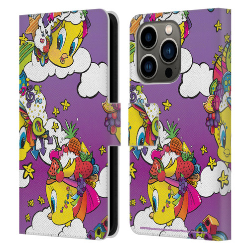 Looney Tunes Patterns Tweety Purple Leather Book Wallet Case Cover For Apple iPhone 14 Pro
