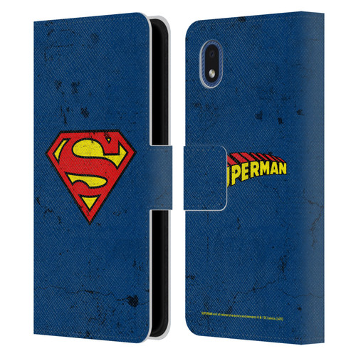 Superman DC Comics Logos Distressed Leather Book Wallet Case Cover For Samsung Galaxy A01 Core (2020)