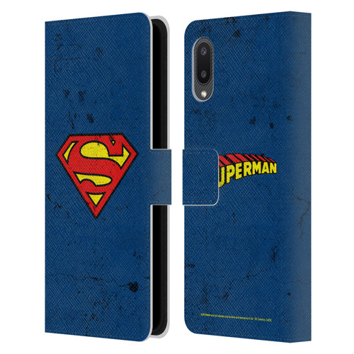 Superman DC Comics Logos Distressed Leather Book Wallet Case Cover For Samsung Galaxy A02/M02 (2021)