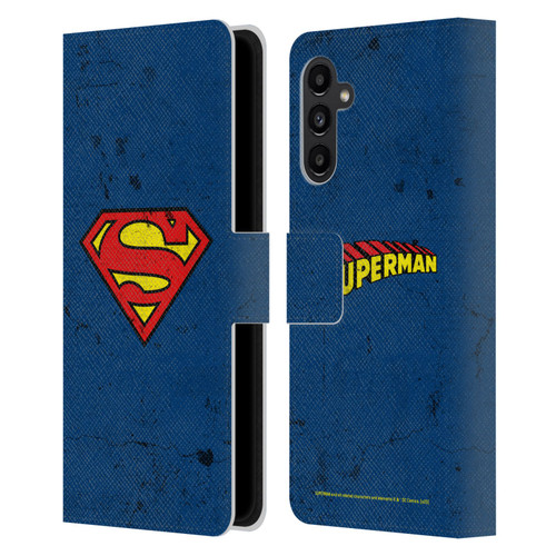 Superman DC Comics Logos Distressed Leather Book Wallet Case Cover For Samsung Galaxy A13 5G (2021)