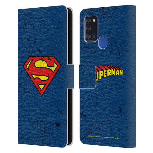 Superman DC Comics Logos Distressed Leather Book Wallet Case Cover For Samsung Galaxy A21s (2020)