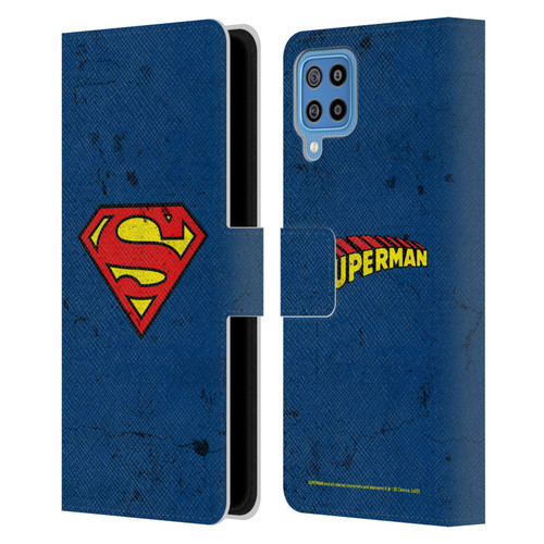 Superman DC Comics Logos Distressed Leather Book Wallet Case Cover For Samsung Galaxy F22 (2021)