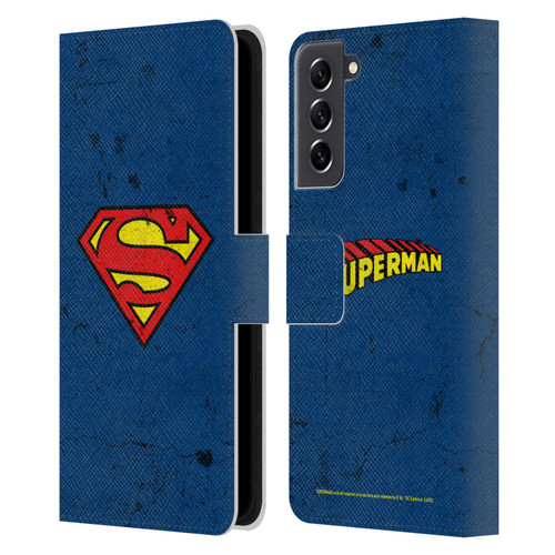 Superman DC Comics Logos Distressed Leather Book Wallet Case Cover For Samsung Galaxy S21 FE 5G