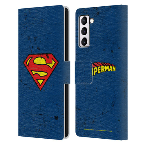 Superman DC Comics Logos Distressed Leather Book Wallet Case Cover For Samsung Galaxy S21+ 5G