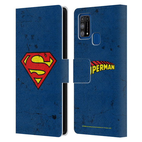 Superman DC Comics Logos Distressed Leather Book Wallet Case Cover For Samsung Galaxy M31 (2020)