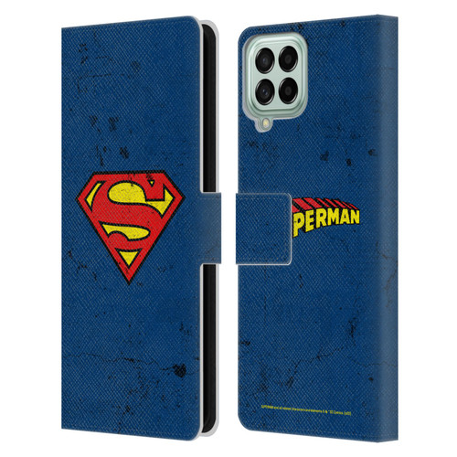 Superman DC Comics Logos Distressed Leather Book Wallet Case Cover For Samsung Galaxy M53 (2022)