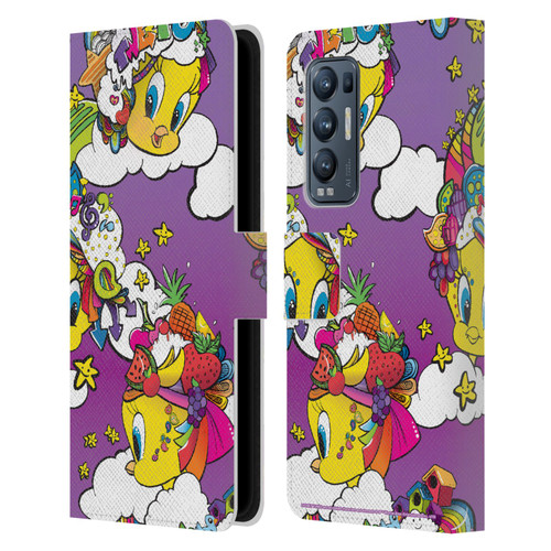Looney Tunes Patterns Tweety Purple Leather Book Wallet Case Cover For OPPO Find X3 Neo / Reno5 Pro+ 5G
