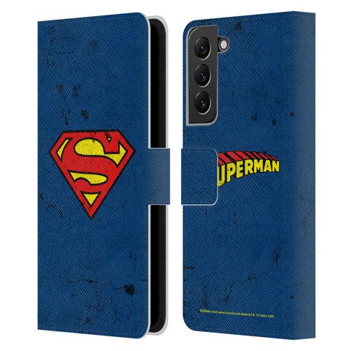 Superman DC Comics Logos Distressed Leather Book Wallet Case Cover For Samsung Galaxy S22+ 5G