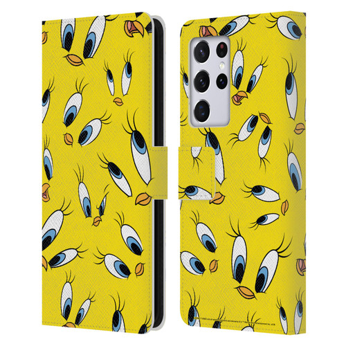 Looney Tunes Patterns Tweety Leather Book Wallet Case Cover For Samsung Galaxy S21 Ultra 5G