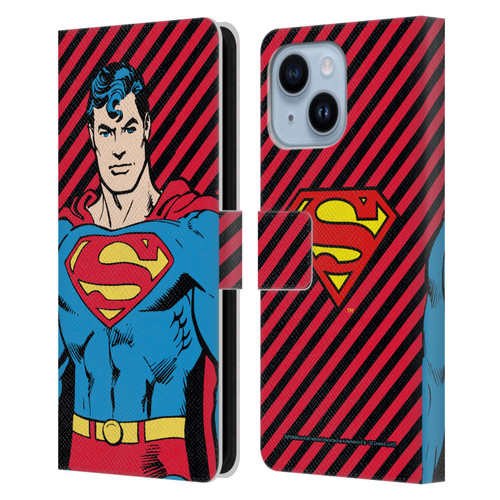 Superman DC Comics Vintage Fashion Stripes Leather Book Wallet Case Cover For Apple iPhone 14 Plus