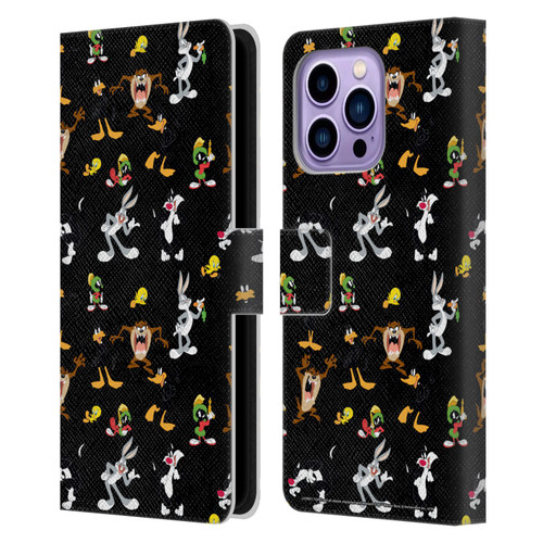 Looney Tunes Patterns Black Leather Book Wallet Case Cover For Apple iPhone 14 Pro Max