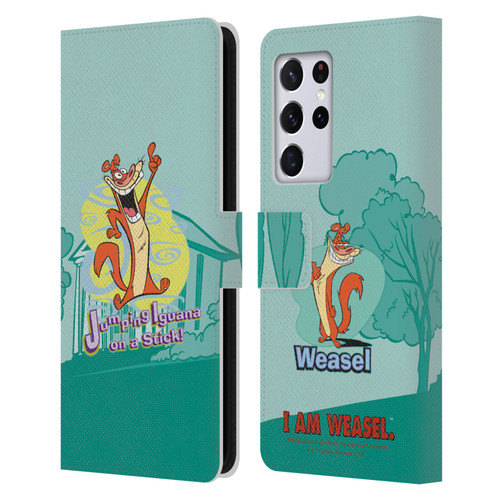 I Am Weasel. Graphics Jumping Iguana On A Stick Leather Book Wallet Case Cover For Samsung Galaxy S21 Ultra 5G