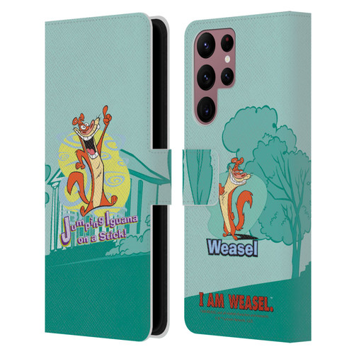 I Am Weasel. Graphics Jumping Iguana On A Stick Leather Book Wallet Case Cover For Samsung Galaxy S22 Ultra 5G
