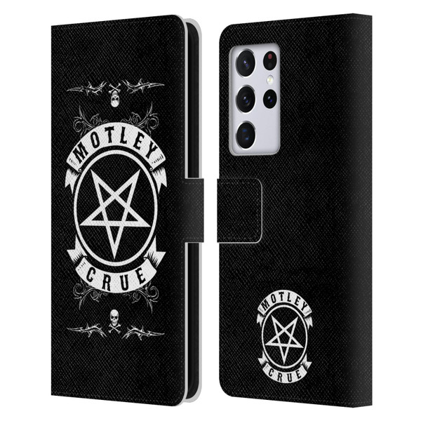 Motley Crue Logos Pentagram And Skull Leather Book Wallet Case Cover For Samsung Galaxy S21 Ultra 5G