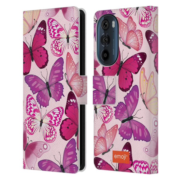 emoji® Butterflies Pink And Purple Leather Book Wallet Case Cover For Motorola Edge 30