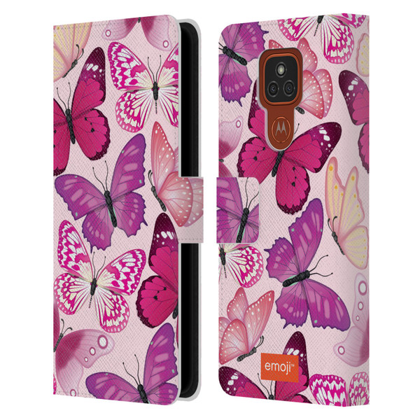emoji® Butterflies Pink And Purple Leather Book Wallet Case Cover For Motorola Moto E7 Plus