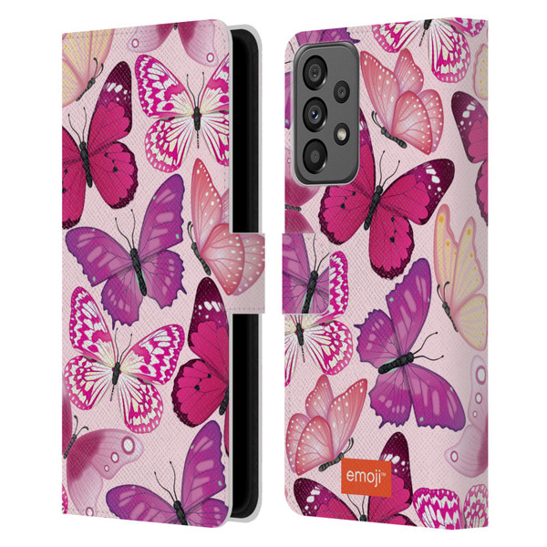 emoji® Butterflies Pink And Purple Leather Book Wallet Case Cover For Samsung Galaxy A73 5G (2022)