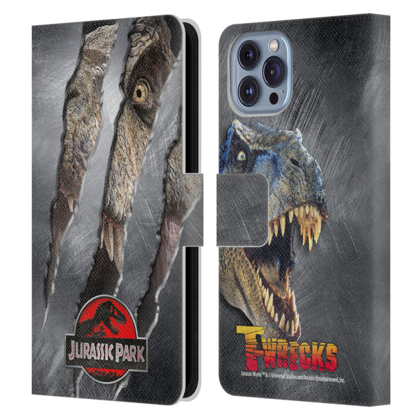 Jurassic Park Logo T-Rex Claw Mark Leather Book Wallet Case Cover For Apple iPhone 14