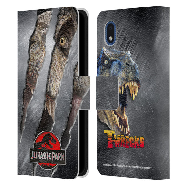 Jurassic Park Logo T-Rex Claw Mark Leather Book Wallet Case Cover For Samsung Galaxy A01 Core (2020)